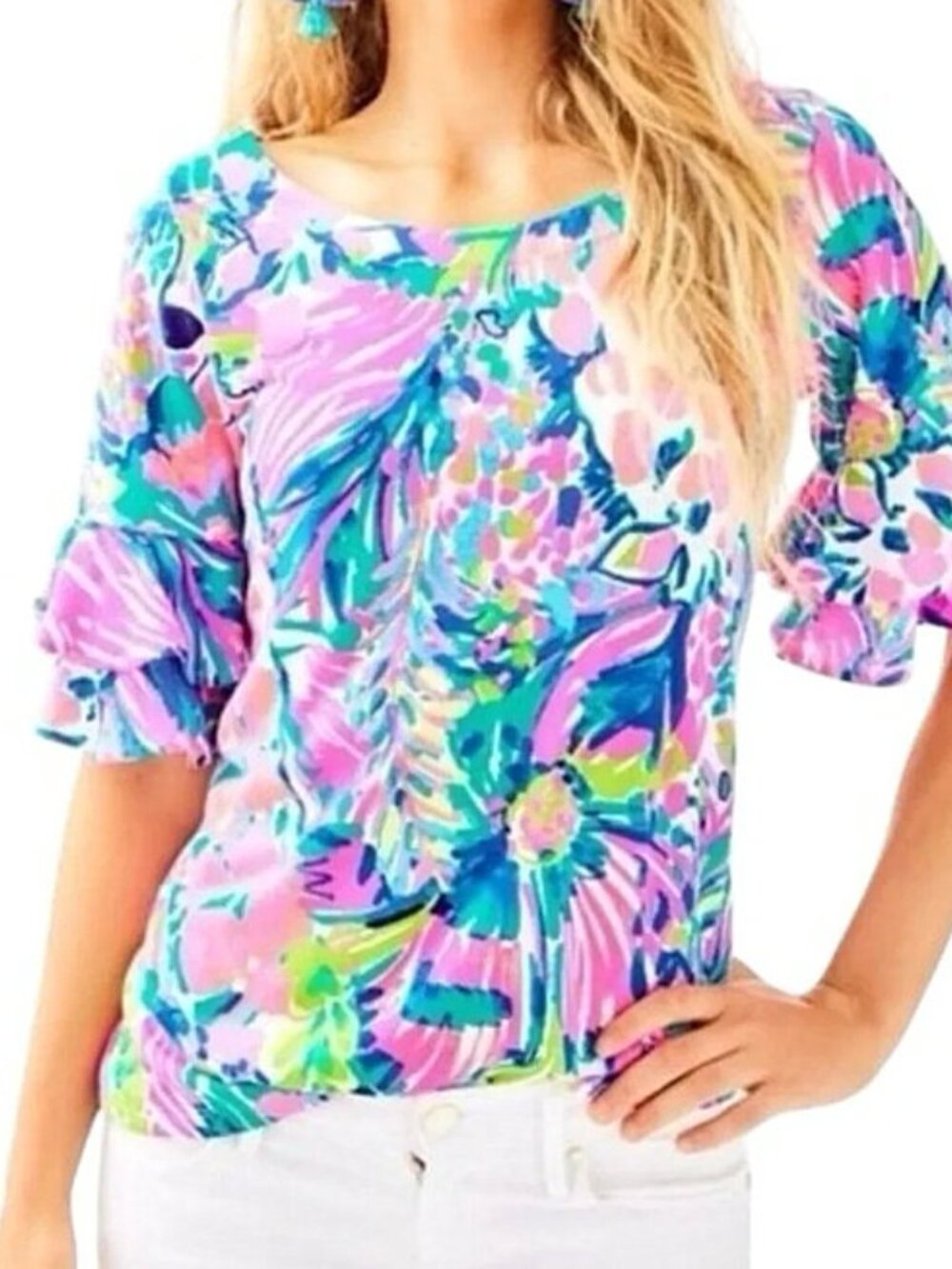 Lilly Pulitzer Lula Top Ruffle Sleeves Multi Gumbo Limbo Size L - Picture 6 of 7